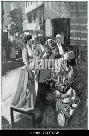 British travellers, on holiday in Egypt with Thomas Cook, perusing goods in a Cairo bazaar. See picture number 12916374 for a picture of people booking their holiday at Thomas Cook, the companion picture to this one.     Date: 1908 Stock Photo