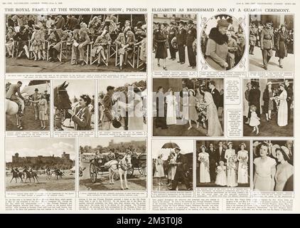 Double page spread from the Illustrated London News featuring picture stories on the royal family at Windsor Horse Show on the left page, and the wedding of the Hon. Andrew Elphinstone, nephew of the Queen, to the Hon. Mrs Vicary Gibbs. Notable among the photographs is Princess Elizabeth (the future Queen Elizabeth II) seen as a bridesmaid in the company of Prince Philip of Greece, who would become her husband the following year.     Date: 1946 Stock Photo
