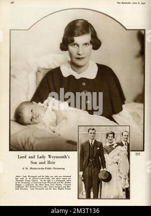 Viscount Weymouth, the former Daphne Vivian, pictured with her baby son, Alexander George Thynne, the future 7th Marquess of Bath in a photograph taken for his christening which took place at St. Martin's-in-the-Field in central London. Stock Photo