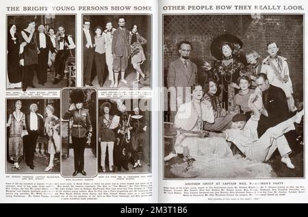 Double page spread from The Tatler, reporting on Captain Neil MacEachean's novel party held at Brook Street, where well-knowns dressed up as living celebrities. Among the guests are Cecil Beaton, Stephen Tennant, Elizabeth Ponsonby, Tallulah Bankhead and Norah Blaney.
