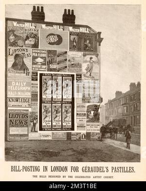 Side of a London building plastered in posters in 1893. Central are posters for Geraudel's pastilles, designed by the great French posterist, Jules Cheret. This picture was published in The Illustrated Sporting &amp; Dramatic News in 1893, at time at which there was a developing interest in the picture poster in Britain, with French poster artists deeply admired.  1893 Stock Photo
