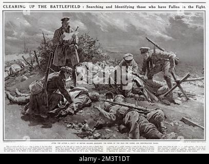 A party of British soldiers search the bodies of dead German soldiers for papers and identification discs following an unsuccessful attack along a section of the front. In some areas of the Western Front, it was common practice to find and record the bodies of the dead, including enemies. The illustration is based on a sketch and accompanying description sent in to The Sphere by a British soldier who carried this work out.  1916 Stock Photo