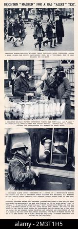 Citizens of Brighton shown wearing gas masks in everyday situations in 1941. School children are guided across the road by a police officer, a milkman wears his on his rounds, and the driver of a motor coach consults with a policeman. Stock Photo