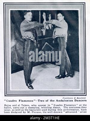 Two of the Andalusian dancers (Rojas and El Tejero) performing the 'Cuadro Flamenco' - during the Ballet Russes performabce by Diaghilev at the Prince's Theatre, London - the costumes and scenerey were designed by Pablo Picasso. Stock Photo