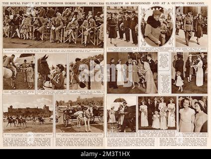 Double page spread from The Illustrated London News showing photographs of the royal family at the Windsor Horse Show, Princess Elizabeth in her capacity as Colonel of the Grenadier Guards, carrying out an inspection of members of the regiment after a service at Wellington Barracks, as well as the wedding of the Princess's lady-in-waiting, Mrs Vicary Gibbs to the Princess's cousin, the Hon. Andrew Elphinstone. Also present at the wedding were Queen Mary, King of the Hellenes and Prince Philip of Greece, later to become the Princess's husband. Stock Photo