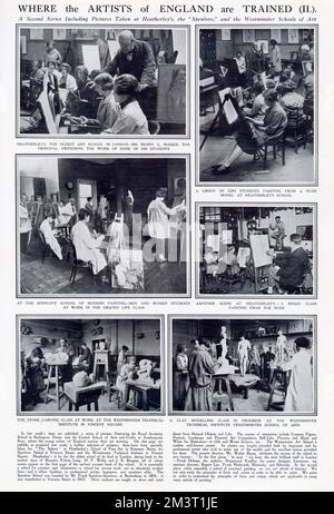 Page from The Sphere with a selection of pictures showing art students at work at three of London's art schools - Heatherley's in Newman Street, Spenlove in Victoria Street and the Westminster Technical Institute at the Westminster School of Art in Vincent Square. Stock Photo