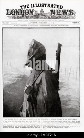 A British soldier wearing a new gas mask on the front cover of The Illustrated London News, 11th December 1915. Following the German use of poisonous gas at Ypres on April 22nd, 1915, it became a common feature of World War I warfare, necessitating the wearing of gas masks among soldiers on both sides. Stock Photo