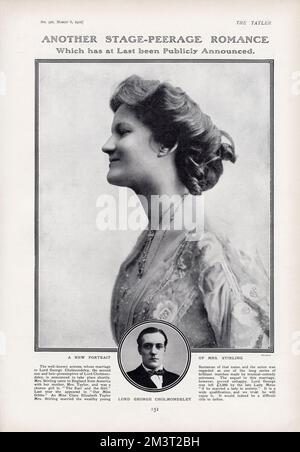 Page from The Tatler reporting on the marriage of Mrs Stirling (formerly Clare Elizabeth Taylor) of the Gaiety Theatre and Lord George Cholmondeley, second son of the Marquess of Cholmondeley. An American divorcee, Clara was a well-known actress at George Edwardes' famous Gaiety Theatre. George had been left a legacy of £3000 by Lady Meux (herself a former actress) with the rather hypocritical stipulation that he should marry a 'lady of society'. The Cholmondeleys' marriage eventually ended in divorce. Stock Photo