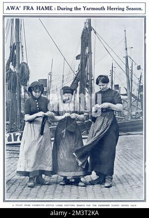 Scottish lasses knitting jerseys for the fishermen during their dinner hour. Stock Photo