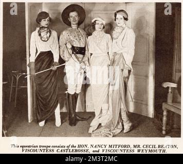 The equestrian group at the Circus Ball, Grosvenor House, 1933. From left, Nancy Mitford, Cecil Beaton, Lady Castlerosse and Viscountess Weymouth.