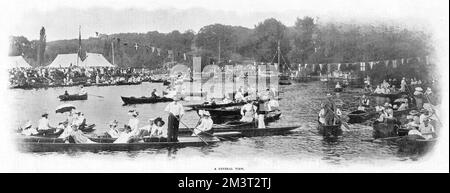 A general view of Wargrave Regatta on the River Thames in Wargrave in Berkshire, relaxing in long rowing boats. Stock Photo