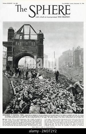 Improvements to the Blackwall Tunnel, London - demolition in progress of the old approach on the North bank. The Archway was removed (it's partner arch still exists on the southern side).     Date: 1958 Stock Photo