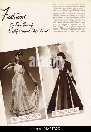 Page from Britannia and Eve with a Nina Ricci dress in white with Grecian style embroidery, and a dramatic dinner dress of black faille high lit with pink by Balenciaga. Stock Photo