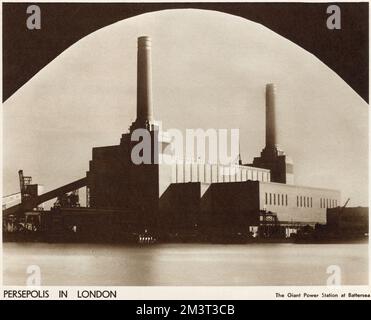 Persepolis in London. View across the River Thames of Battersea Power Station, London, in 1933. Photograph taken from the Middlesex end of Chelsea Bridge. Stock Photo