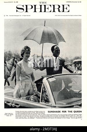 Sunshade for the Queen. Queen Elizabeth II travels in a car with President Nkrumah to attend a durbar at Tamale during the 1961 royal tour of Ghana. Stock Photo