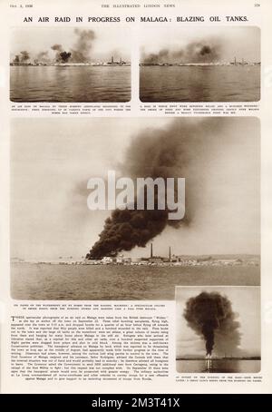 An air raid in progress on Malaga: blazing oil tanks. Spanish Civil War. Page from The Illustrated London News, 3rd October 1936.     Date: 1936 Stock Photo