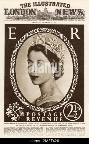Front cover of The Illustrated London News featuring the first postage stamp of the reign of Queen Elizabeth II, issued 5 December 1952. The stamp featured a portrait by Dorothy Wilding and was designed by Mr. M. C. Farrar-Bell. The stamp shows the Queen's portrait surrounded by an ornamental oval and embodies in a group in the bottom left-hand corner, heraldic representations of the Rose, Thistle, Daffodil and Shamrock. They were produced by photogravure process by Messrs. Harrison and Sons, Ltd. Stock Photo
