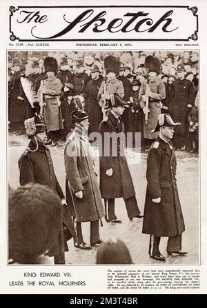 Front cover of The Sketch covering the funeral of King George V. Photograph shows King Edward VIII, leading the royal mourners marching after the gun carriage bearing the late King George's body. Behind him are, from left to right, the Duke of Gloucester, the Duke of York (King George VI) and the Duke of Kent. Stock Photo