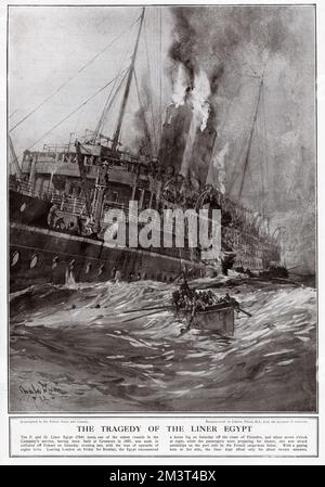 The tragedy of the liner Egypt. The P & O liner SS Egypt sank on 20th May 1922 in the Celtic Sea after a collision with a French cargo boat Seine in dense fog. Upwards of 80 lives were lost. The liner was also carrying a valuable cargo of gold and silver which wasn't possible to salvage until the 1930s. Stock Photo