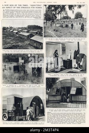 Page from The Illustrated London News showing pictures of people made homeless by the war finding temporary homes in disused military camps around the country. Photographs show Vache Camp in Amersham, Buckinghamshire, White City Camp, Bristol and A-A Camp, West Derby, Liverpool. Stock Photo