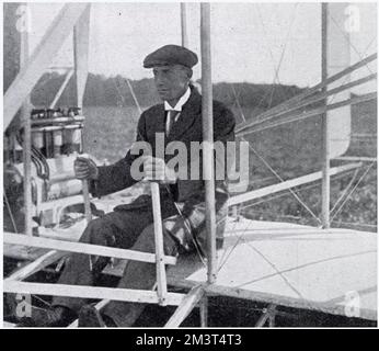 Wilbur Wright (1867 - 1912), American aviation pioneer, inventor of the first successful motor-operated airplane. Photograph showing Wright just before a flight, at Le Mans near Paris.     Date: August 1908 Stock Photo