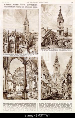 Bombed Wren City churches: four further studies of damage caused by bombing in London in World War Two. Clockwise from top left: St Dunstan's in the East; Bow Church, which was burnt out, although the steeple survived intact; St Bride's Church, Fleet Street, with its ruined and roofless interior; St Stephen's, Walbrook, whose dome copies on a smaller scale that of St Paul's. Stock Photo