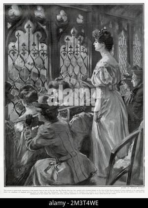 Women in the Suffragette movement sat in the gallery above watching debates on votes for women taking place below. Stock Photo