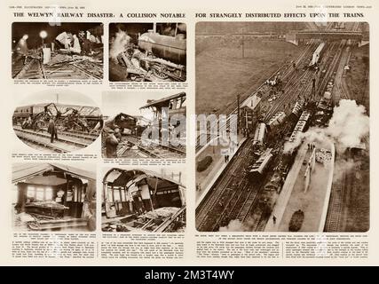 Double page spread from The Illustrated London News reporting on the fatal collision at Welwyn Garden City on 15 June 1935 between two LNER trains, one from King's Cross to Leeds, the other from King's Cross to Newcastle. The accident resulted in fourteen people dead and twenty-nine injured. Stock Photo