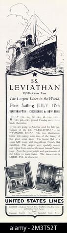 Leviathan was the largest liner in the world, with luxurious accommodation. Before that in WWI the Leviathan ship carried thousands of American troops across the Atlantic Ocean, infested with submarines and mine fields, the ship remained unscathed by any attack.  Post-War the Leviathan was refitted in 1923 and made into a large luxurious cruise ship. Stock Photo