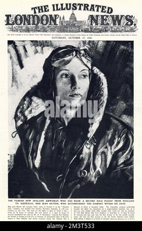 Jane Gardner Batten (1909 - 1982),  New Zealand aviator, making a number of record-breaking solo flights across the world. Portrait on the front of 'The Illustrated London News' after completing a solo record flight from England to Australia, accomplishing the journey in six days. Stock Photo