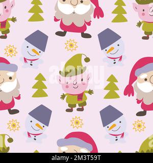 Santa Claus, snowman and elf hand drawn seamless pattern. Merry Christmas background. Stock Vector