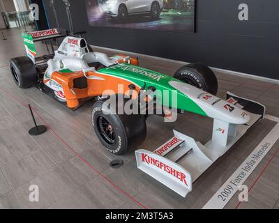 A Force India Mercedes VJM 02 Formula One (F1) racing car inside Mercedes-Benz Brooklands and Mercedes-Benz World, Weybridge, Surrey, UK. Stock Photo