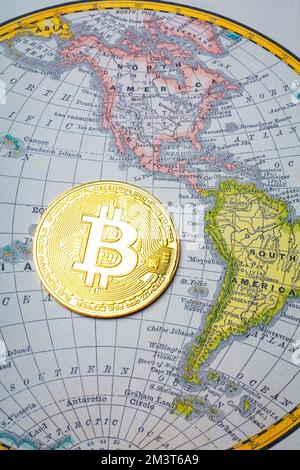 Bitcoin On World Map Stock Photo