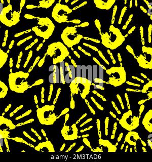 seamless pattern of yellow handprints on a black background, texture, design Stock Photo