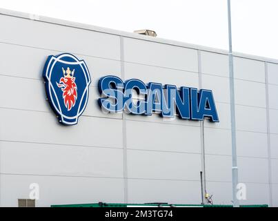 Gothenburg, Sweden - July 24 2022: Scania trucks sign on the facade of a warehouse Stock Photo