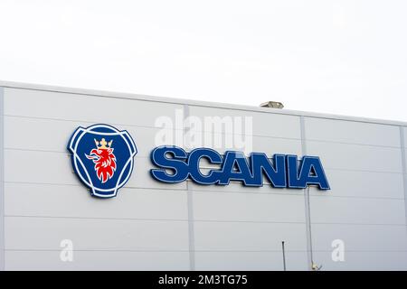 Gothenburg, Sweden - July 24 2022: Scania trucks sign on the facade of a warehouse Stock Photo