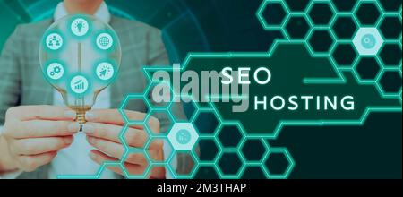 Text caption presenting Seo Hosting. Word Written on building website in a way that is friendly for search engines Stock Photo