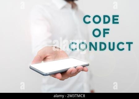 Sign displaying Code Of Conduct. Business approach Ethics rules moral codes ethical principles values respect Stock Photo
