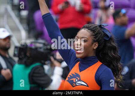 Orlando, Florida, USA, December 16, 2022,  USTA Roadrunners cheerleader pumping the crowd during the game at Exploria Stadium.  (Photo Credit:  Marty Jean-Louis) Stock Photo