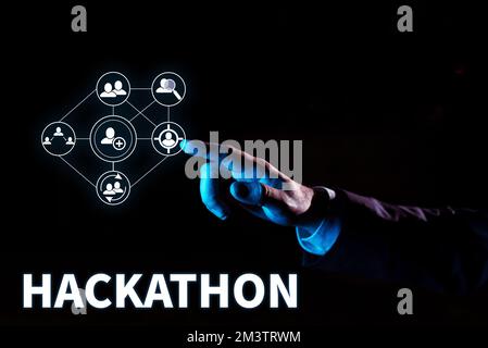 Writing displaying text Hackathon. Word for event where large number of people engage in programming Stock Photo