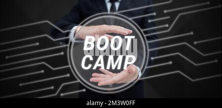 Text caption presenting Boot Camp. Business idea Military training camp for new recruits Harsh discipline Fitness Stock Photo