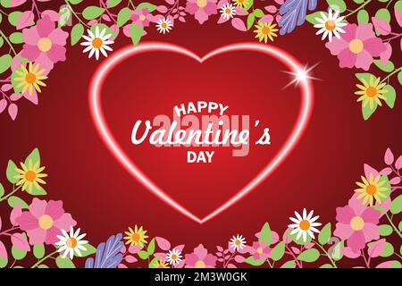 Valentine's Day greeting card floral arrangement frame. Place for text. Valentine's day sale header or voucher template with heart. 3d neon effect hea Stock Vector