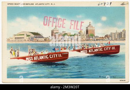 Speed boats and skyline, Atlantic City, N. J. , Boats, Beaches, Cities & towns, Tichnor Brothers Collection, postcards of the United States Stock Photo