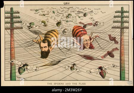 The spiders and the flies , Telegraph industry, Utility poles, Telegraph lines, Spiders, Flies, Gould, Jay, 1836-1892, Vanderbilt, William H. William Henry, 1821-1885, Western Union Telegraph Company Stock Photo