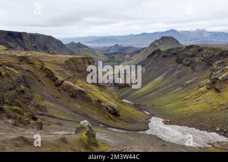 Skogar river canyon with green vegetation and beautiful rock formations. South of Iceland near Thorsmork between the glaciers of Tindfjallajokull and Stock Photo