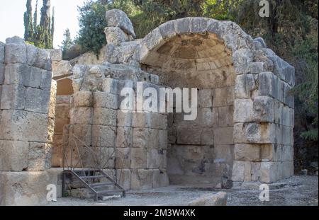 11 Nov 2022 The exterior wall of the ancient christian Church building which was built at Emmaus Nicapolis the supposed site of the New Testamant Vill Stock Photo