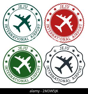 Jeju International Airport. Jeju City airport logo. Flat stamps in material color palette. Vector illustration. Stock Vector