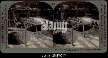 Steel ingot on table of blooming mil[?] , Steel industry, Steel, Ingots, Factories, Machinery Stock Photo