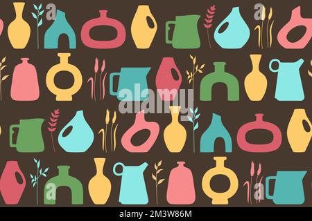 Vase shape and ceramic pot seamless pattern. Jug or jar bottles boundless ornament. Cozy home decor handmade boho pottery form. Antique various vases, vessel endless repeat print scrapbook vector Stock Vector