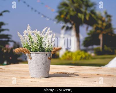 A flowerpot placed on a wooden table Stock Photo